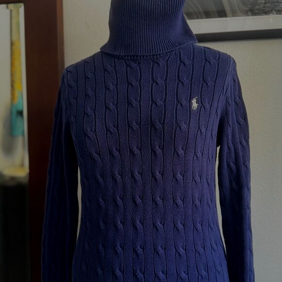 Ralph Lauren turtleneck. Thick cable knit, navy embroidered logo. Cozy prep. - Picture 4 of 10